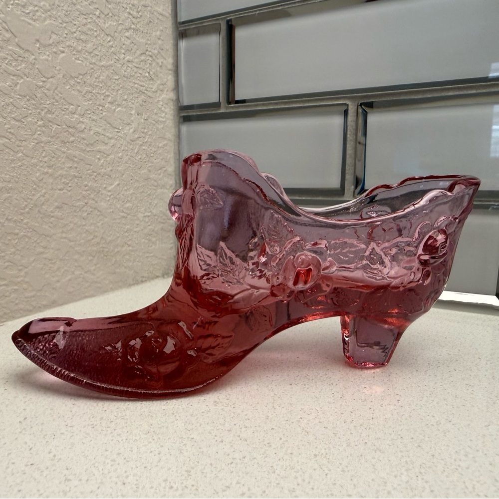 Vintage Fenton Pink Glass Slipper Cabbage Rose Shoe Boot MCM Mid-Century Modern - Picture 3 of 15